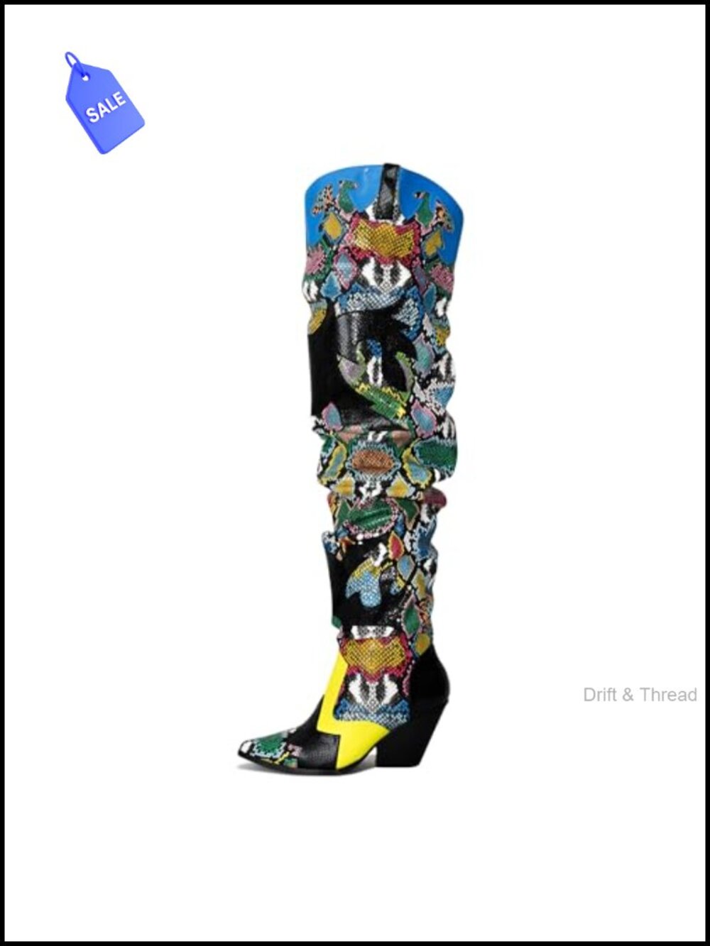 Thigh High Cowboy Boots for Women Faux Snakeskin Chunky Heel Slip Resistant